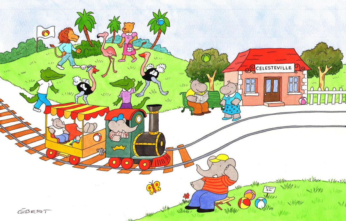 Illustration originale double page 22-23 de BABAR a la gare de Celesteville