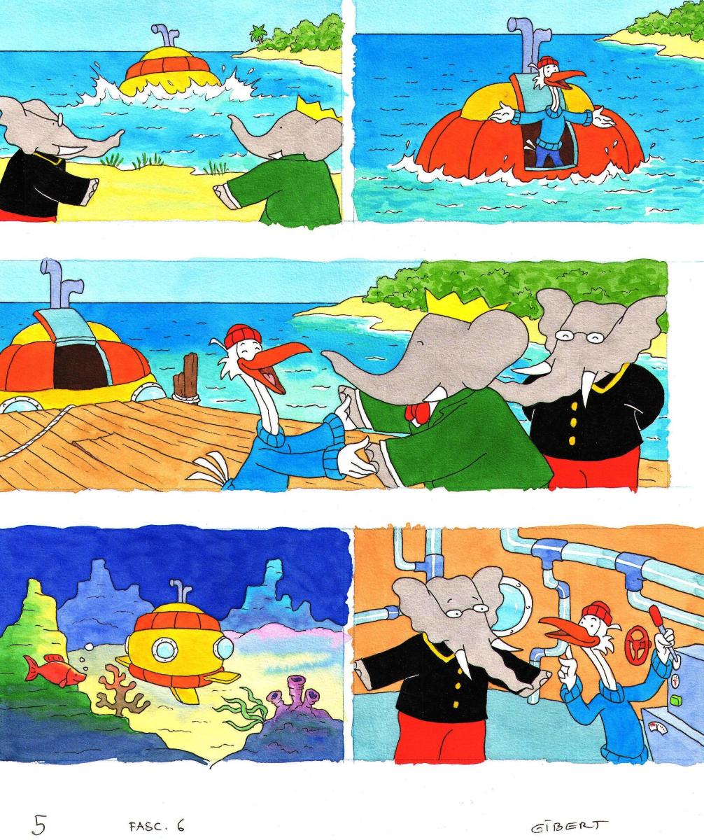 Illustration originale page 5 du livre 6 de BABAR