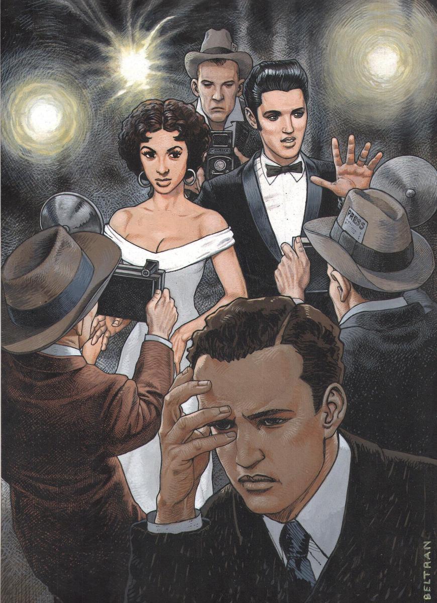 Illustration en couleurs d'Elvis, Marlon Brando et Rita Moreno