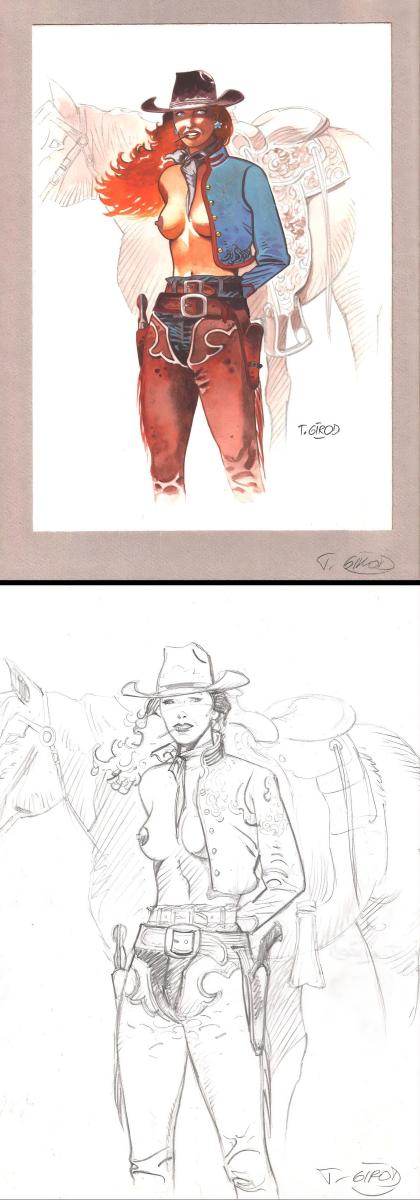Illustration originale aquarelle et gouache  Cow Girl + crayonné par Therry GIROD