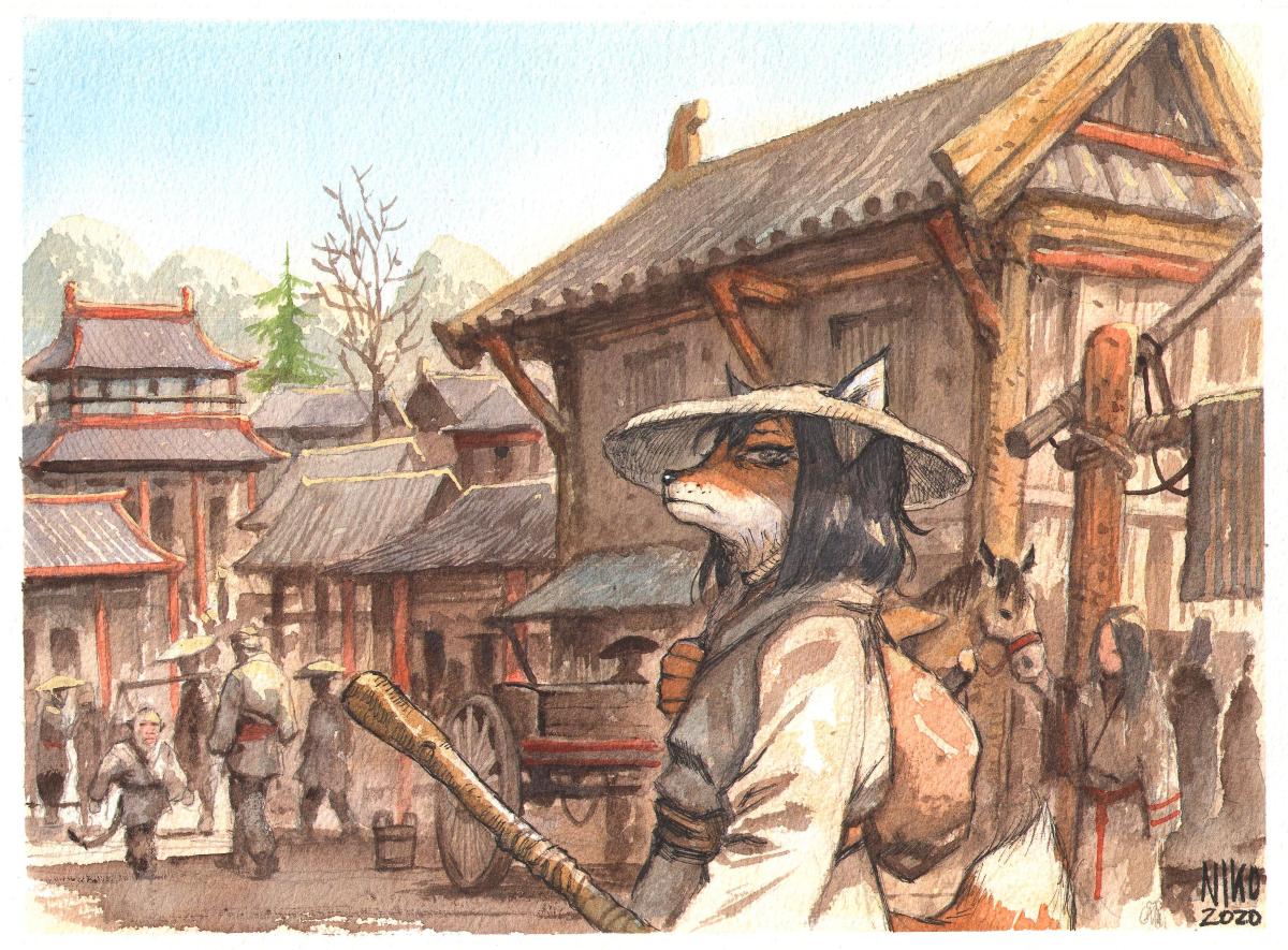 Aquarelle originale concept fang avec décor