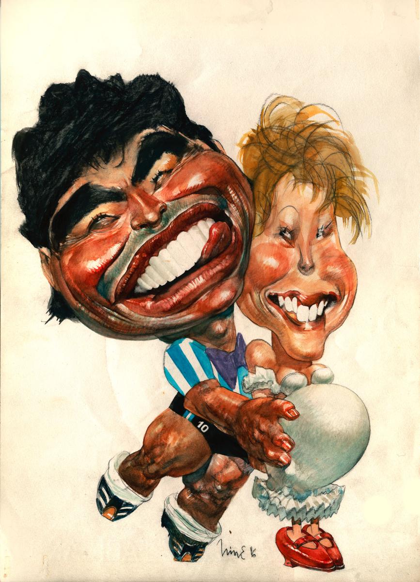 Caricature de Diego Maradona et son épouse. Illustration de couverture pour le magazine Hum (Argentine) theme : la main de dieu
