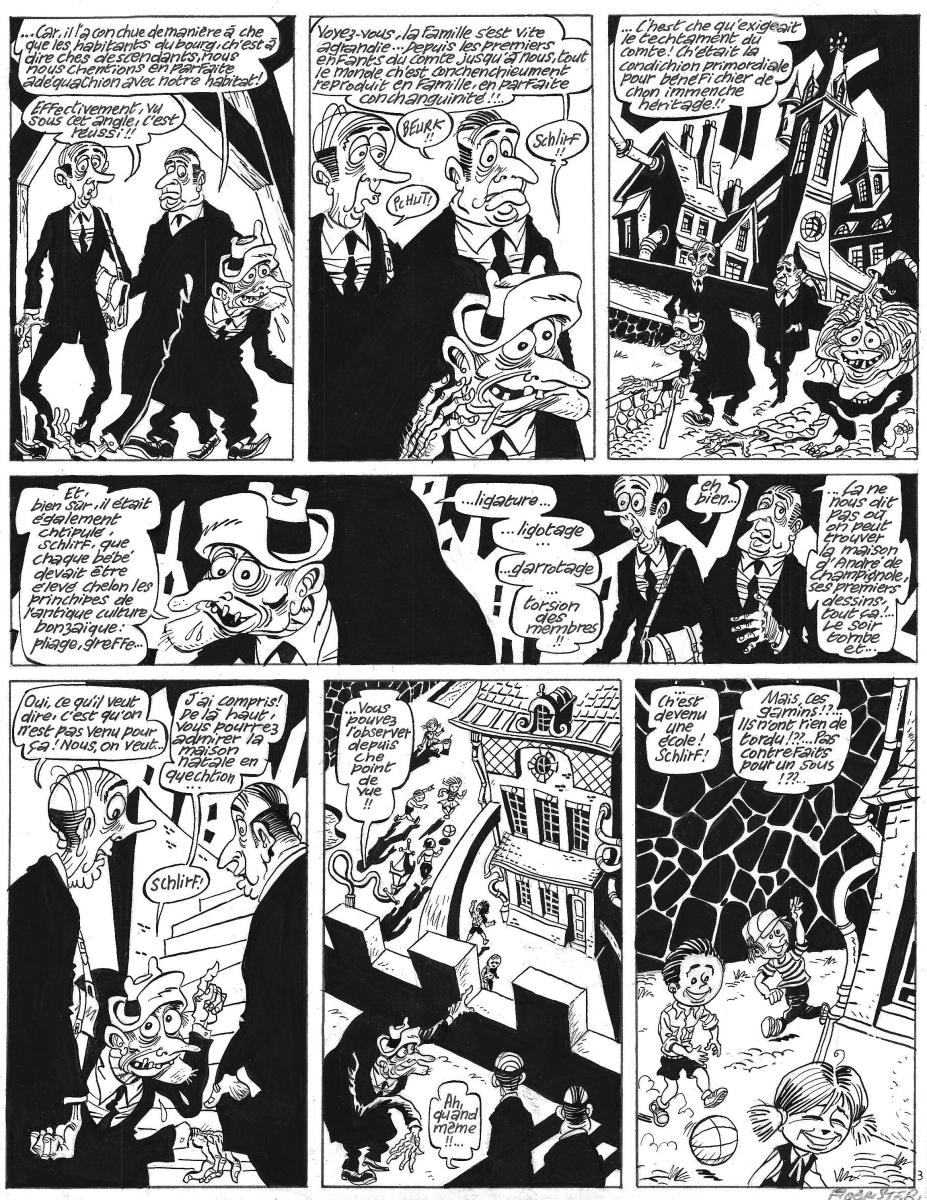 Planche originale 3 de de l'histoire "Il ne faut pas confondre Jobart et Barjot" pour l'hommage aux idées noires de Franquin publiée dans Fluide Glacial