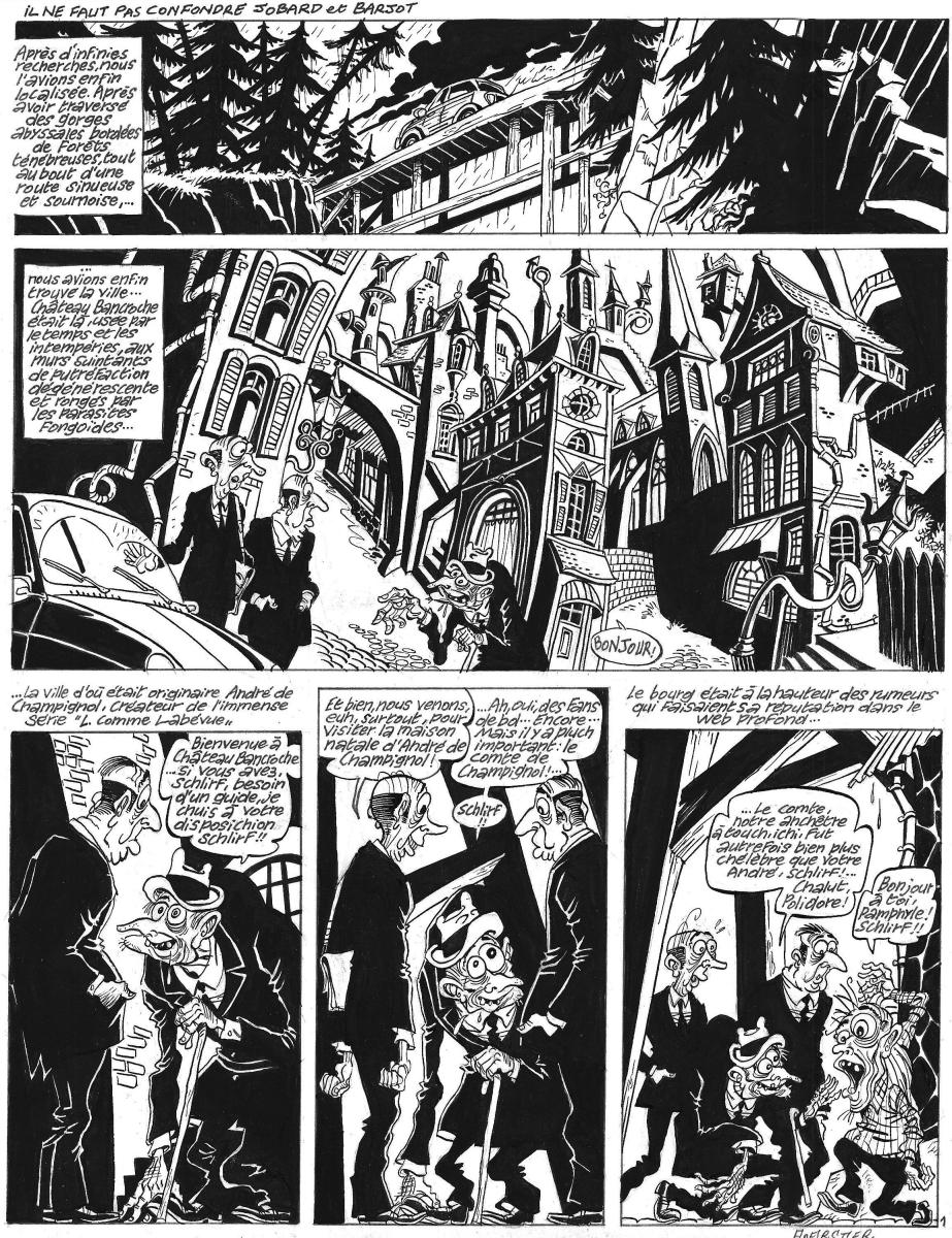 Planche originale 1 de l'histoire "Il ne faut pas confondre Jobart et Barjot" pour l'hommage aux idées noires de Franquin publiée dans Fluide Glacial