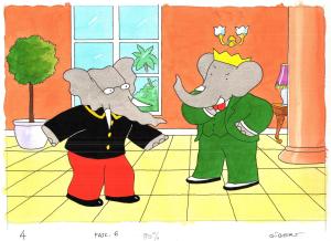 BABAR : Illustration originale � l'aquarelle de BABAR et CORNELIUS pour un fascicule Vid�o