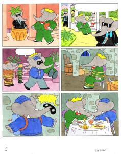 BABAR : Planche originale 9 � l'aquarelle de BABAR pour un fascicule Vid�o- Les anges gardiens
