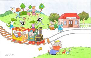 BABAR : Illustration originale double page 22-23 de BABAR a la gare de Celesteville
