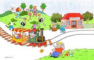 BABAR : Illustration originale double page 22-23 de BABAR a la gare de Celesteville