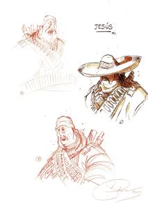 L'HOMME QUI N'AIMAIT PAS LES ARMES A FEU : Illustration originale de recherche de Jesus avec sombrero pour le Tome 1 de l'Homme qui n'aimait pas les armes � feu