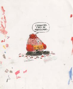 Divers : Illustration originale par Philippe Vuillemin 'L'essentiel c'est de participer'  Mise en couleur vendue avec l'original en noir et blanc � l'encre de Chine