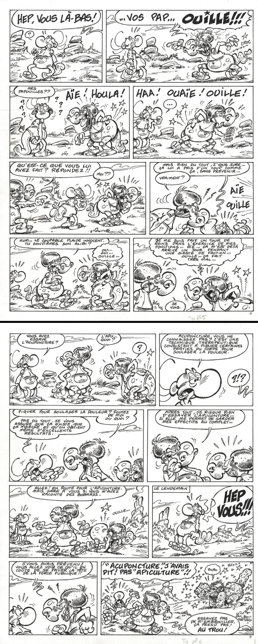 Gag complet - Apiponcture - en 2 planches originales 5 et 6 issues du tome 11 de la série Nabuchodinosaure - Bienvenue dans l'ère aglaglacière - par Roger WIDENLOCHER